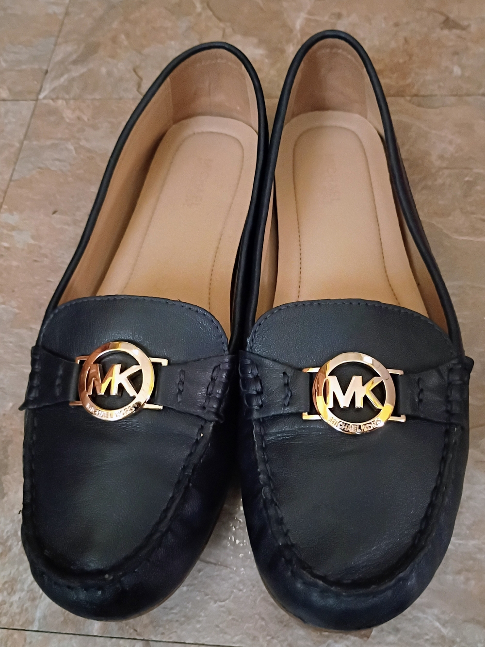Michael Kors Black Leather Loafers with Gold MK Accent Size 9.5 M